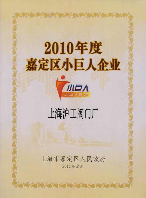 上海沪工阀门厂小巨人荣誉证书