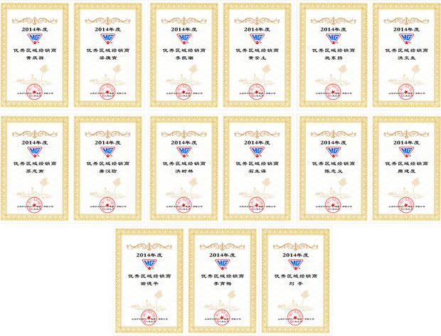 沪工阀门集团2014年度优秀区域经销商证书