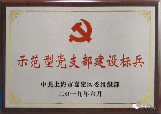 上海沪工阀门厂党支部被授予嘉定区示范型党支部建设标兵奖牌